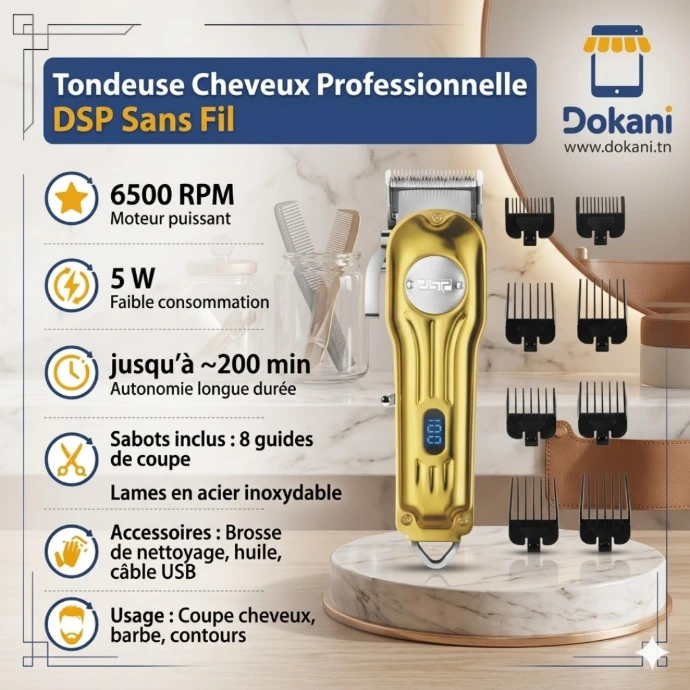 Tondeuse Cheveux Professionnelle Sans Fil DSP Dorée – 6500RPM - 5W | DOKANI