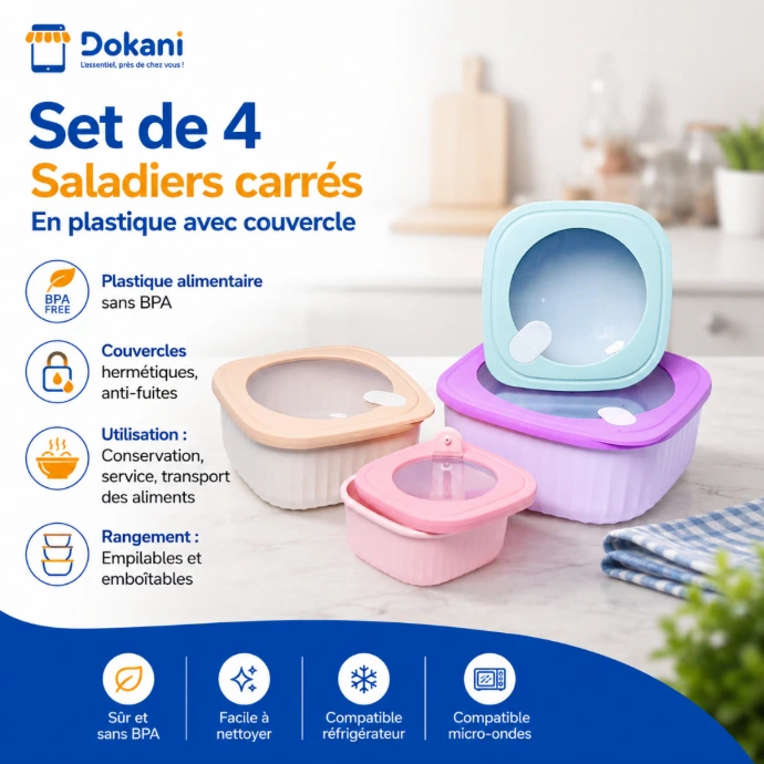 Set de 4 Saladiers Carré En Plastique Avec Couvercle