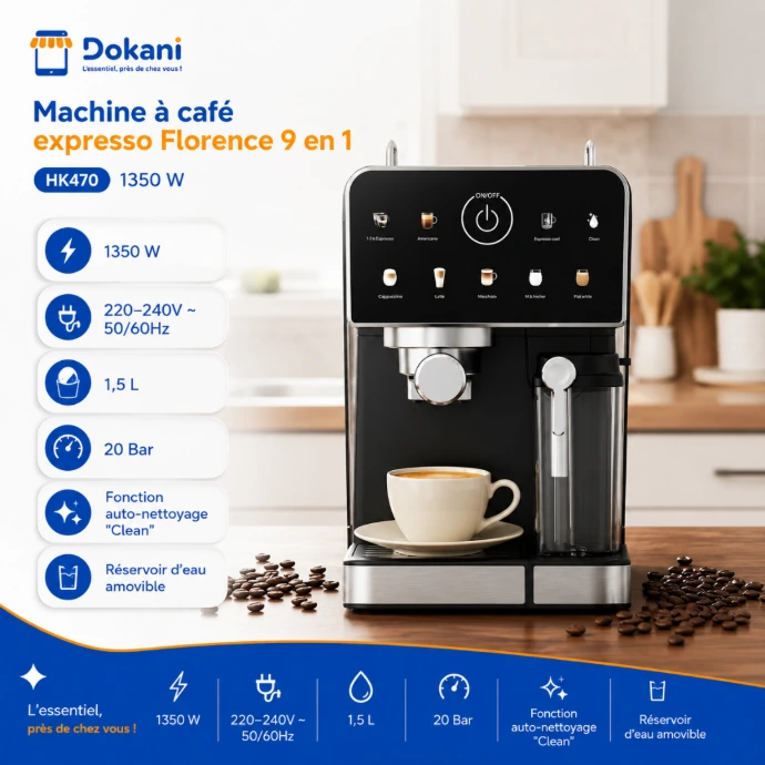 Machine À Café Expresso Florence 9 En 1 – HK470 – 1350 W