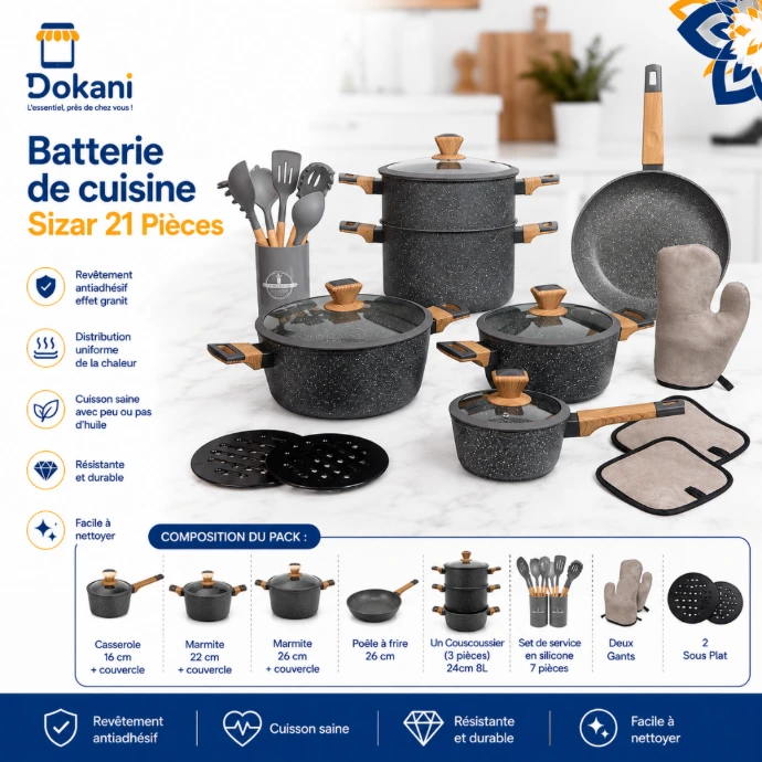 Batterie De Cuisine Sizar 21 Pièces Granit - Gris