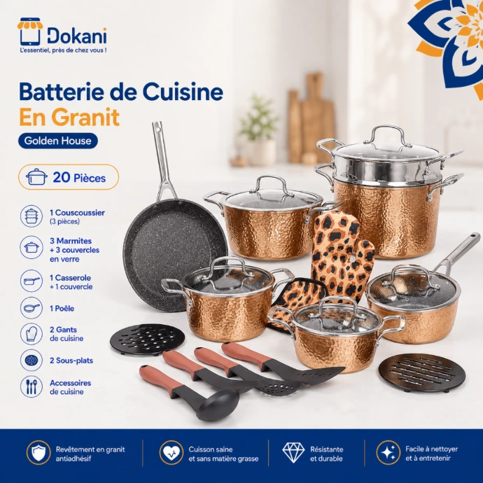 Batterie de Cuisine En Granit 20 Pièces Golden House - Effet Cuivre