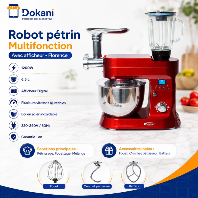 Robot Pétrin Multifonction Avec Afficheur Florence 6.5L 1200W - Rouge