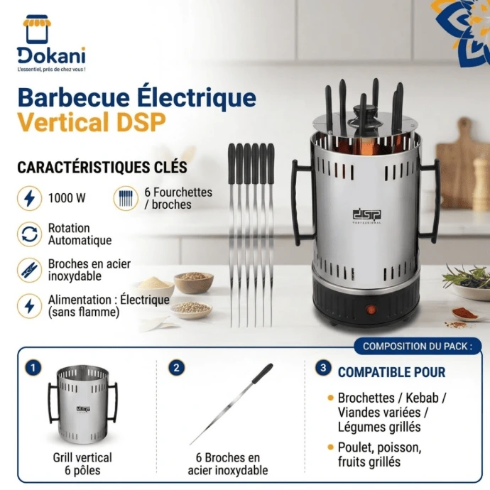 Barbecue Electrique DSP 6 Fourchettes 1000W – Rotation Automatique