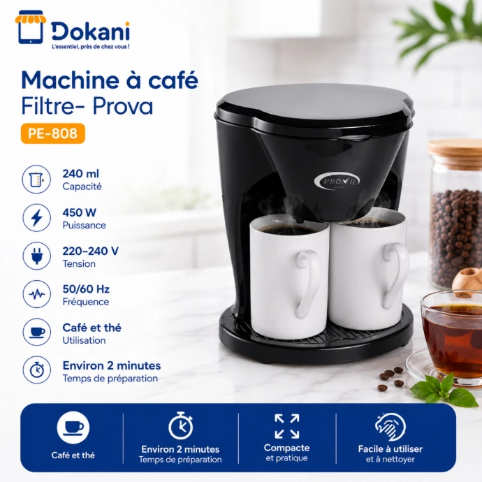 Machine à Café Filtre Avec Deux Tasses Prova 240ml 450W PE-808