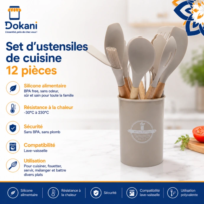 Set D'ustensiles De Cuisine 12 Pièces En Silicone Beige