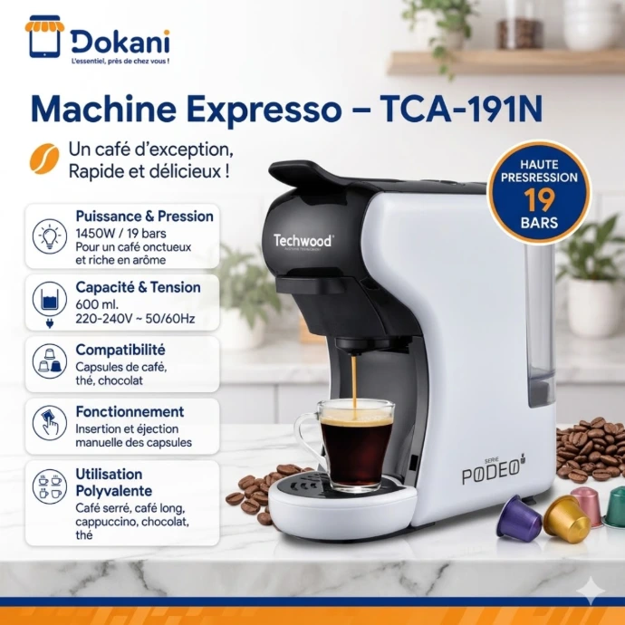 Machine Expresso Multicapsules Techwood Blanc – 19 Bars avec Réservoir 600mL – TCA-191N