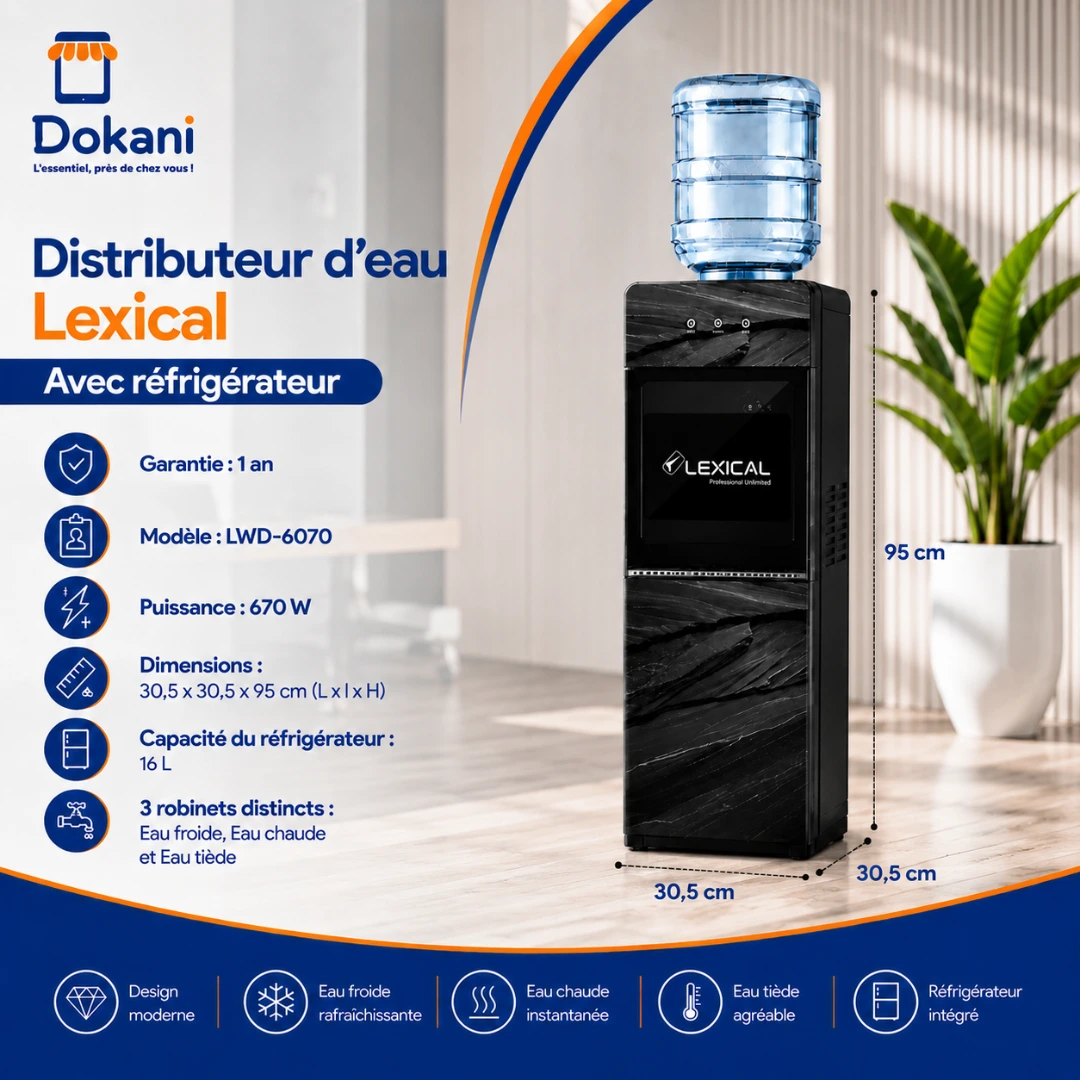 Distributeur d'Eau Avec Réfrigérateur Lexical LWD-6070 - Marbre Noir