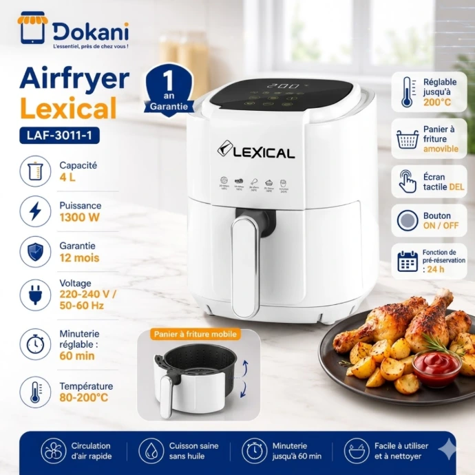 AirFryer Lexical 4L Avec Ecran Tactile 1200 W LAF-3011- Blanc