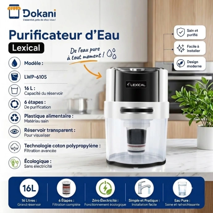 Filtre Purificateur d’Eau Lexical LWP-6105-16 L- Noir