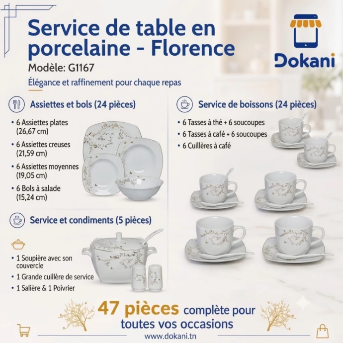 Service De Table 47 Pièces en Porcelaine-Florence - G1167