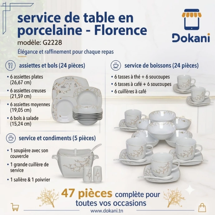 Service De Table 47 Pièces en Porcelaine Florence - G2228