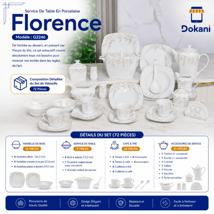 Service De Table 72 Pièces en Porcelaine Florence - Carré - G2246