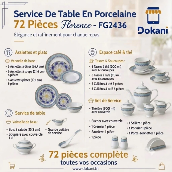 Service De Table 72 Pièces en Porcelaine Florence - Rond -G2436
