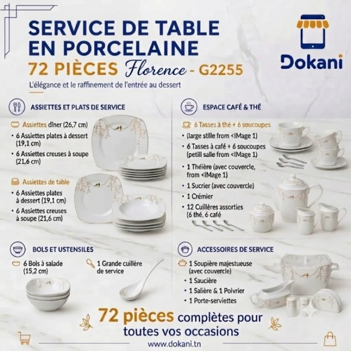 Service De Table 72 Pièces en Porcelaine Florence - Carré - G2255