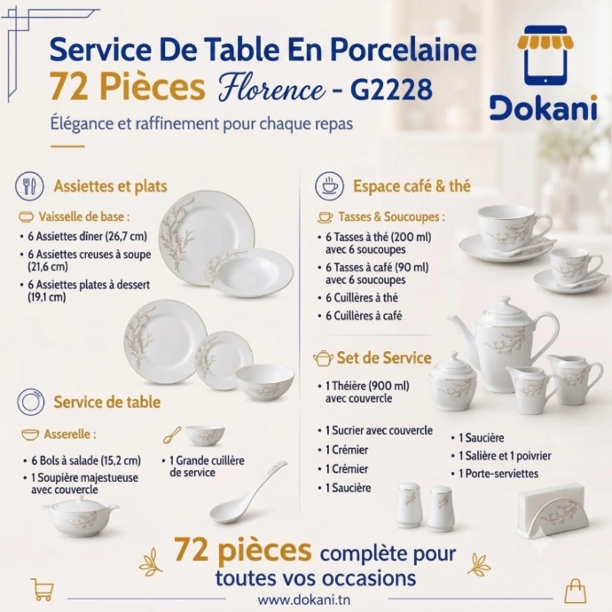 Service De Table 72 Pièces en Porcelaine Florence - Carré - G2228