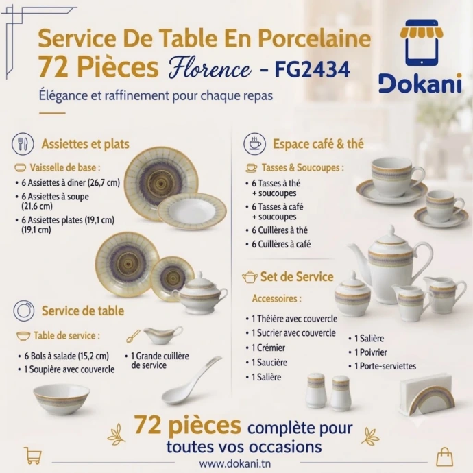 Service De Table 72 Pièces en Porcelaine Florence - Rond -G2434