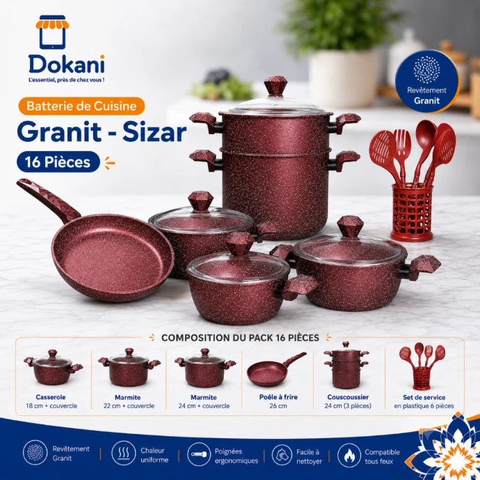 Batterie de cuisine complète 16 pieces en granite rouge Sizar comprenant des marmites avec couvercles en verre un couscoussier et un set de service.