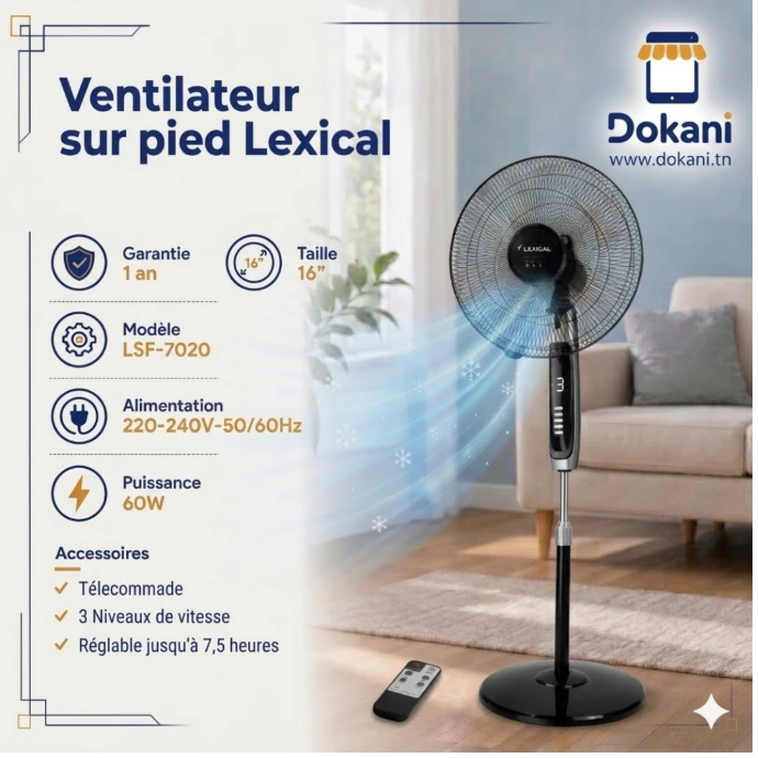 Ventilateur sur pied Lexical 16 pouces de couleur argent avec affichage LED, grille de protection metallique et sa telecommande de controle a distance.