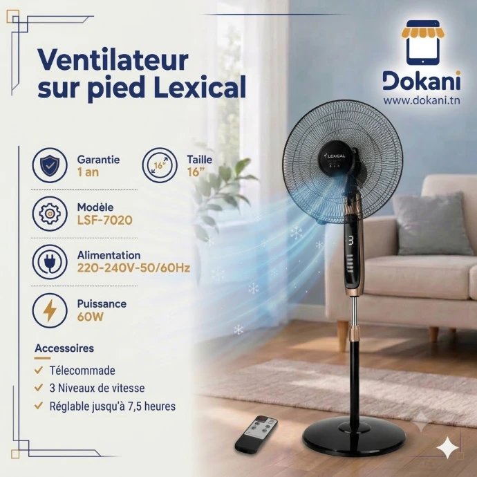 Ventilateur sur pied Lexical 16 pouces de couleur rose gold avec affichage LED, grille de protection metallique et sa telecommande de controle a distance.