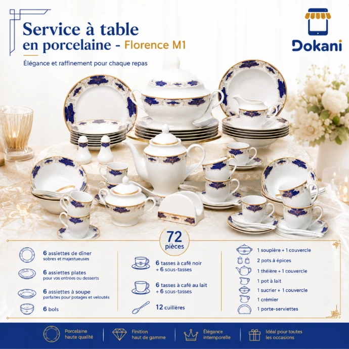 Service De Table complet 72 pieces en porcelaine fine blanche Florence M1 de forme ronde avec tasses, theiere et soupiere sur une nappe de reception.