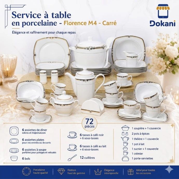 Service De Table complet 72 pieces en porcelaine fine blanche Florence M4 de forme carree avec tasses, theiere et grande soupiere sur une table de fête.