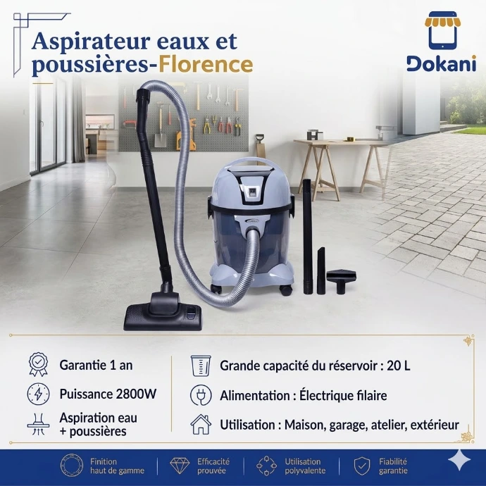 Aspirateur industriel eaux et poussieres Florence de 2800W en acier inoxydable avec flexible d'aspiration noir et roues de transport.