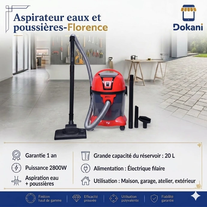Aspirateur industriel eaux et poussieres rouge Florence de 2800W en acier inoxydable avec flexible d'aspiration noir et roues de transport.