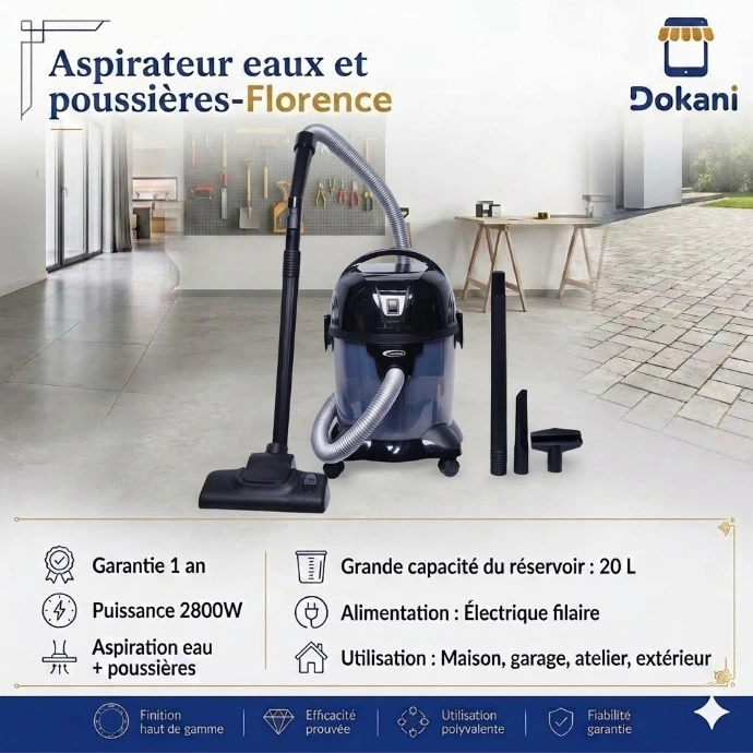 Aspirateur industriel eaux et poussieres Florence de 2800W en acier inoxydable avec flexible d'aspiration noir et roues de transport.