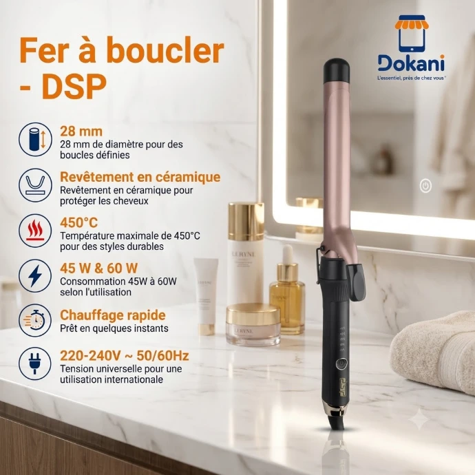 Fer a boucler professionnel DSP de 28mm avec tube en ceramique rose, ecran de temperature et cordon rotatif sur une coiffeuse.