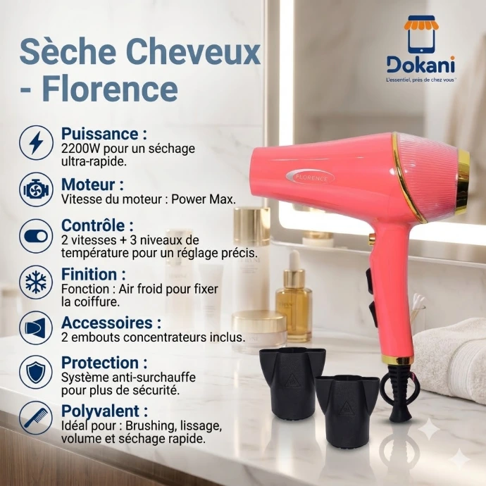 Sèche cheveux professionnel Florence Power Max 2200W couleur saumon avec ses boutons de réglage et ses deux embouts concentrateurs d'air noirs.