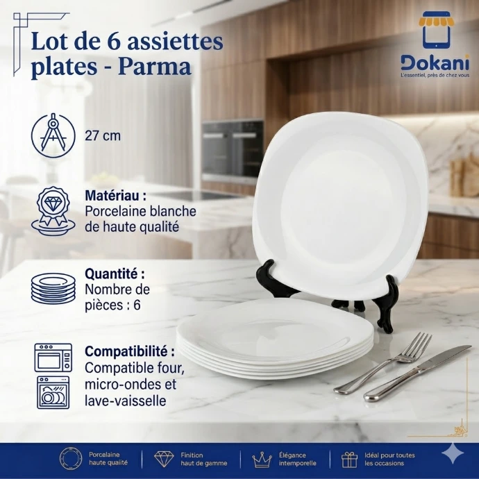Lot de 6 assiettes plates carrées blanches aux angles arrondis collection PARMA de Bormioli Rocco diamètre 27 cm.