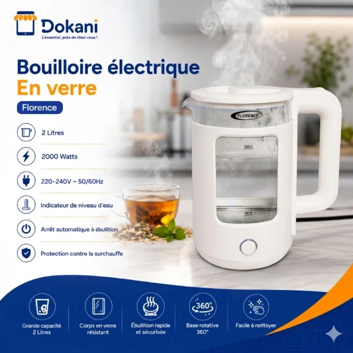 Bouilloire Electrique En Verre Florence 2L 2000W - Blanc avec ses caractéristiques