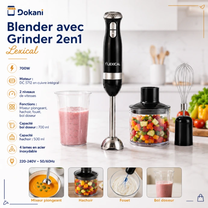 Robot mixeur plongeant 4en1 DSP 700W en acier inoxydable avec ses accessoires hachoir, fouet metallique et bol doseur gradue.