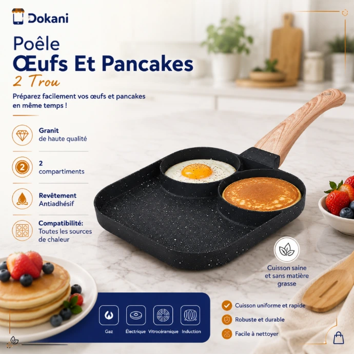 Poele double compartiment ronde en granit noir avec manche isolant pour la cuisson simultanee d'oeufs au plat et de pancakes.