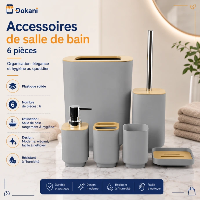 Set complet de 6 accessoires de salle de bain de forme carree gris anthracite avec finitions de couvercles en bois de bambou naturel disposés sur un lavabo.