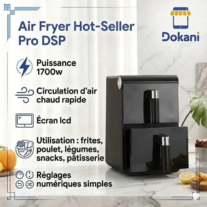 Friteuse sans huile Air Fryer Hot-Seller Pro DSP 1700W de couleur noire avec ecran tactile LCD numerique allume et panier de cuisson amovible entrouvert.