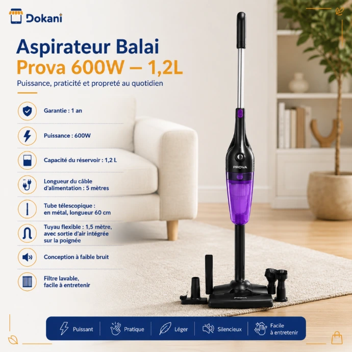Aspirateur balai performant Prova de couleur violette avec son tube telescopique en metal, son flexible de 1,5m et sa pedale d'enroulement automatique du cable.