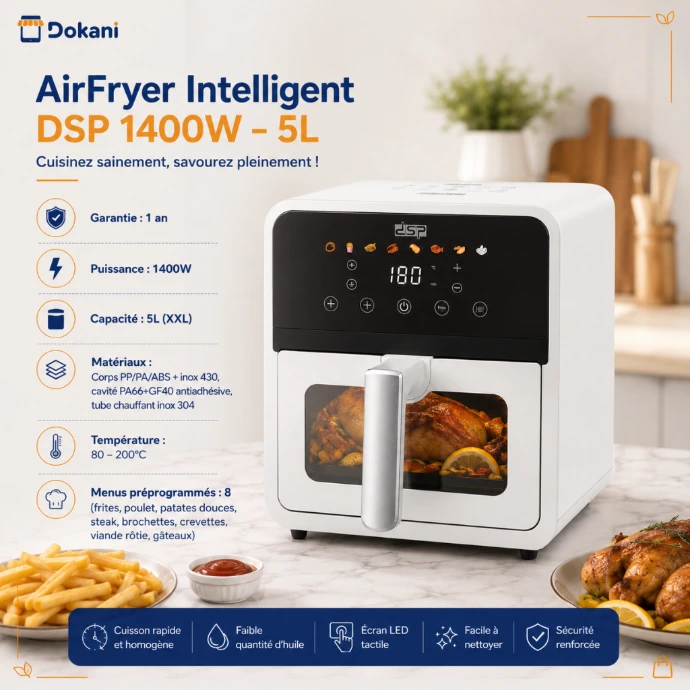 Friteuse sans huile intelligente DSP 1400W de 5 litres avec son écran tactile LED couleur allumé affichant les 8 menus préprogrammés de cuisson.
