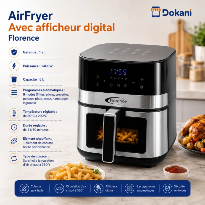 Friteuse sans huile compacte Florence 1400W 5 litres de couleur argentee et noire avec son ecran tactile digital intelligent allume affichant les 8 programmes.