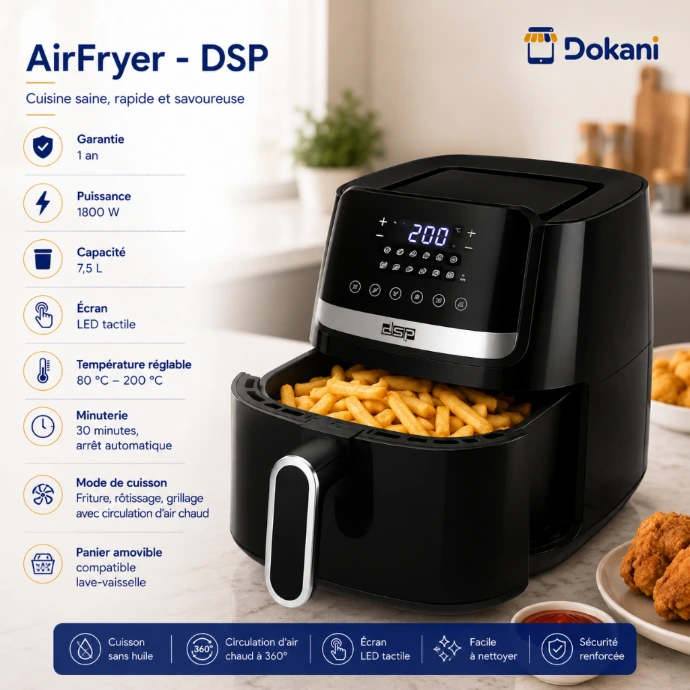 Airfryer haute performance DSP 1800W de 7,5 litres couleur noire avec son ecran tactile LED numerique et sa poignée cool touch isolante.