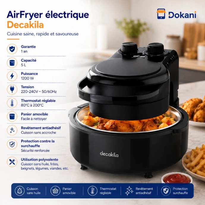 Friteuse sans huile compacte Decakila 1200W de 5 litres de couleur noire avec ses boutons de controle du thermostat et son tiroir de cuisson amovible.