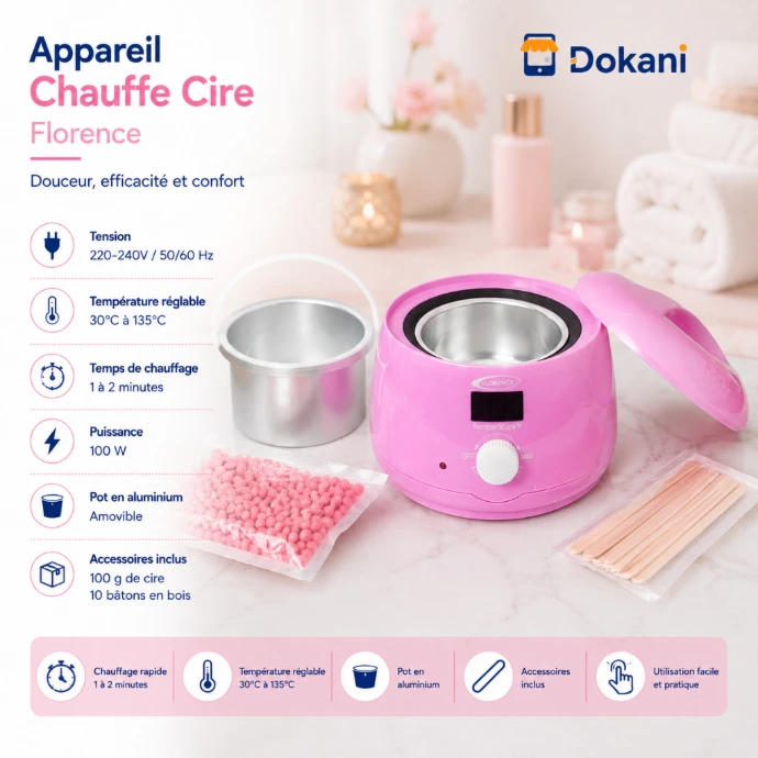 Appareil chauffe-cire electrique Florence de couleur rose avec son pot amovible en aluminium, son bouton rotatif de reglage thermique et ses batons de cire en bois fournis.