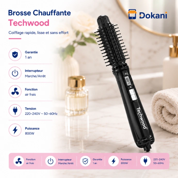 Brosse soufflante et chauffante Techwood TBC-896 de couleur noire avec son manche ergonomique et ses boutons de selection du flux d'air.
