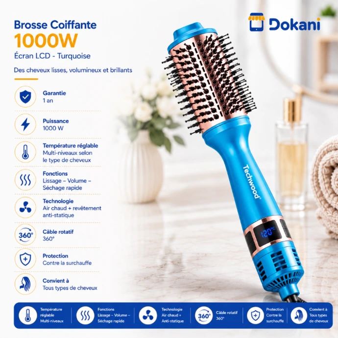 Brosse coiffante et lissante electrique Florence 1000W de couleur bleu turquoise avec son ecran digital LCD de controle affichant la temperature.