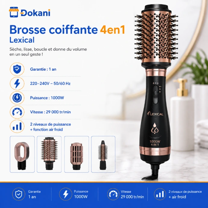Set brosse soufflante Lexical 4 en 1 avec son manche ergonomique noir, ses boutons de reglage et ses quatre tetes de coiffage interchangeables disposées à côté.