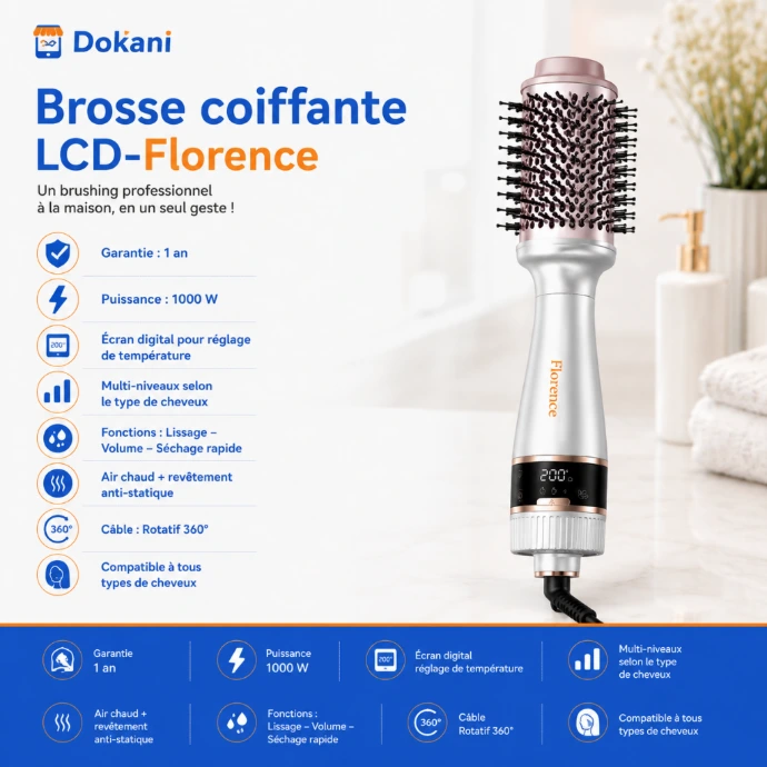 Brosse coiffante et lissante electrique Florence 1000W de couleur gold avec son ecran digital LCD de controle de la temperature et son cordon rotatif.