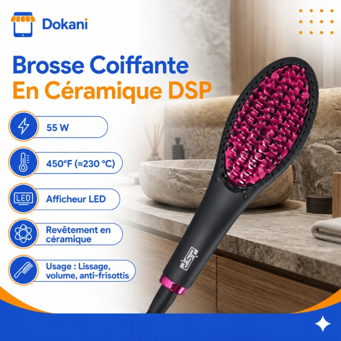 Brosse coiffante et lissante chauffante en ceramique DSP de couleur noire avec son ecran LED indicateur de temperature et ses picots protecteurs.