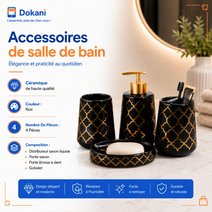 Set d'accessoires de salle de bain en ceramique noire de forme ronde avec motifs arabesques orientaux dores graves, disposes sur un meuble de vasque en marbre.
