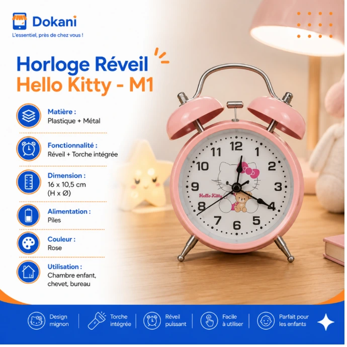 Horloge reveil pour enfant Hello Kitty modele M1 de couleur rose en plastique et metal avec sa double cloche superieure et son bouton de torche integree.