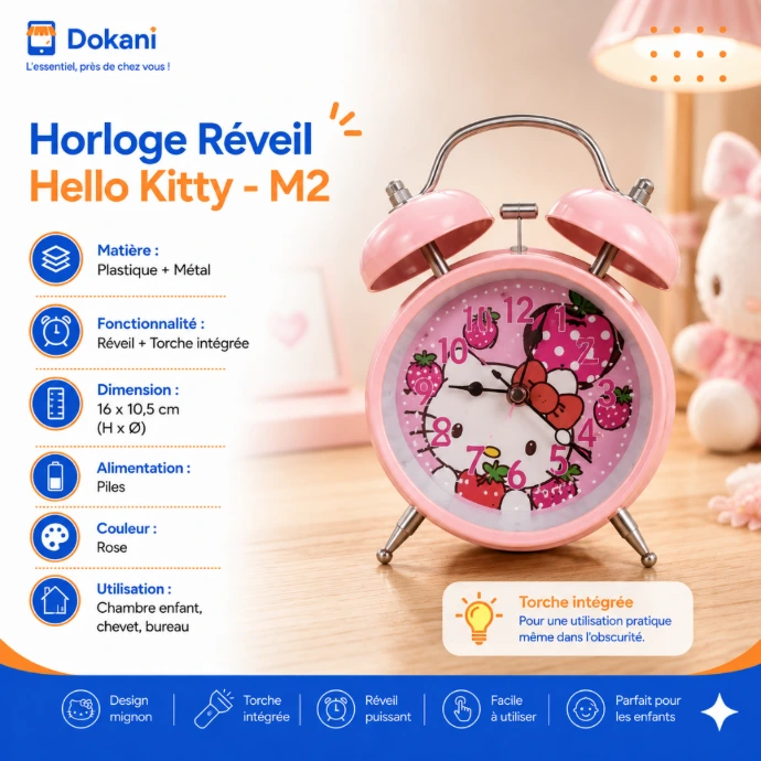 Horloge reveil pour enfant Hello Kitty modele M2 de couleur rose en plastique et metal avec sa double cloche superieure et son bouton de torche integree.